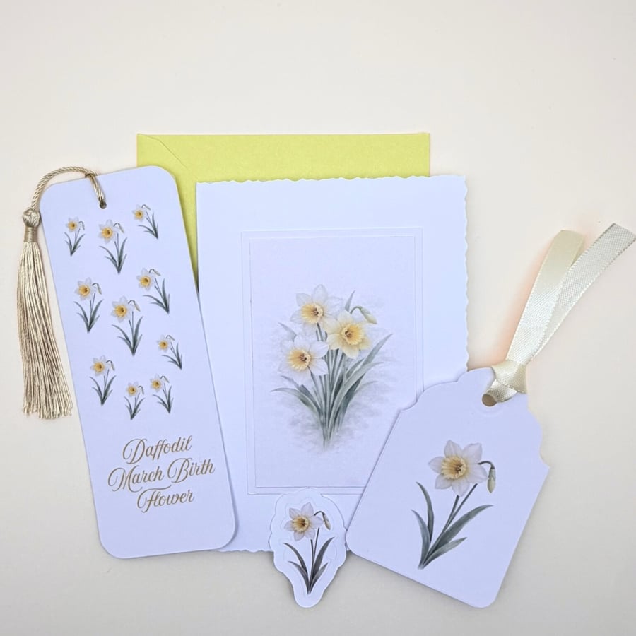 Daffodil March Birth Flower Mini Gift Set - Botanical Card, Bookmark & Gift Tag