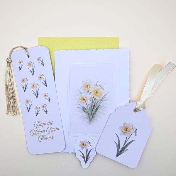 Daffodil March Birth Flower Mini Gift Set - Botanical Card, Bookmark & Gift Tag