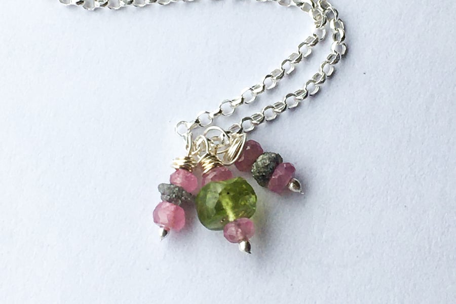  Pink Sapphire Raw Silver Diamond and Peridot Sterling Silver Necklace