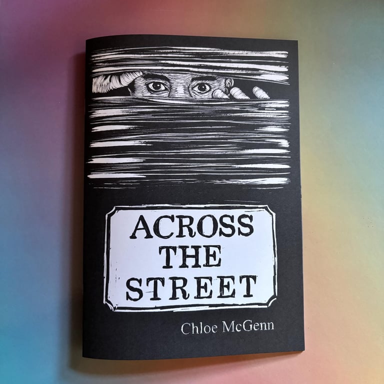 Across the Street - Lino cut (style) monochrome unsettling comic