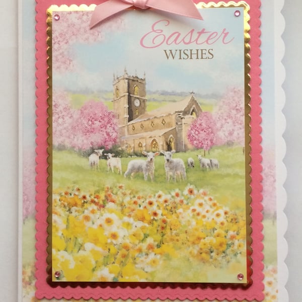 Easter Wishes Card Church Lambs and Daffodils 3D Luxury Handmade Card