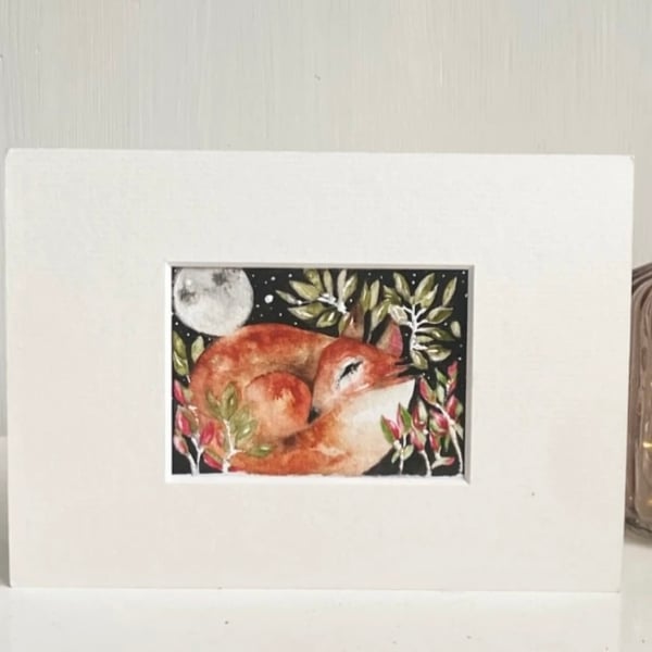 Original Resting Fox under the Moon Watercolour 