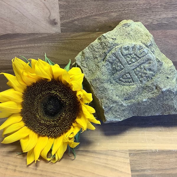  Long Cross 'coin in clod' stone carving -  metal detectorist gift