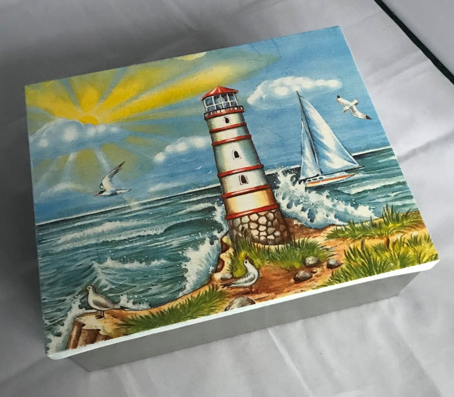 Decorated Tin Box Seaside Lighthouse Storage Treasures Photos Holiday Memories