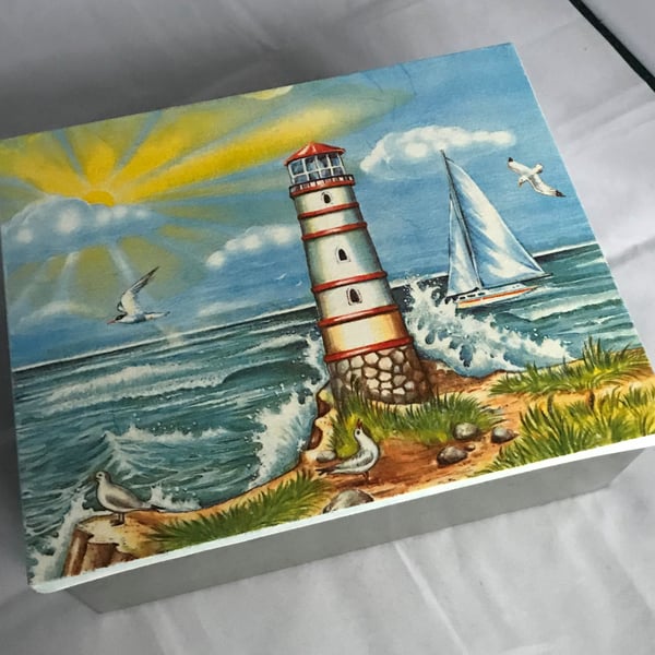 Decorated Tin Box Seaside Lighthouse Storage Treasures Photos Holiday Memories