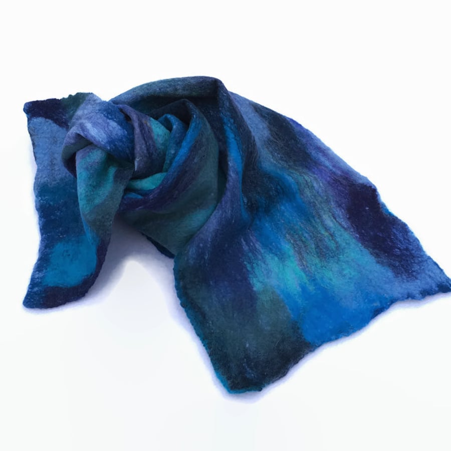 Merino wool felted scarf in blues