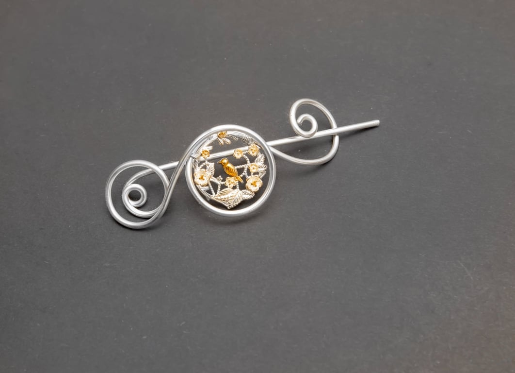 Handmade Silver & Gold Wire Bird Shawl Pin – Decorative Hair Slide & Brooch