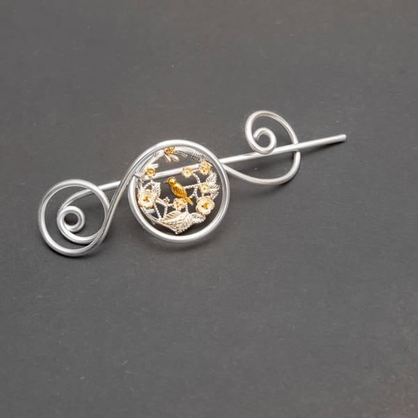 Handmade Silver & Gold Wire Bird Shawl Pin – Decorative Hair Slide & Brooch