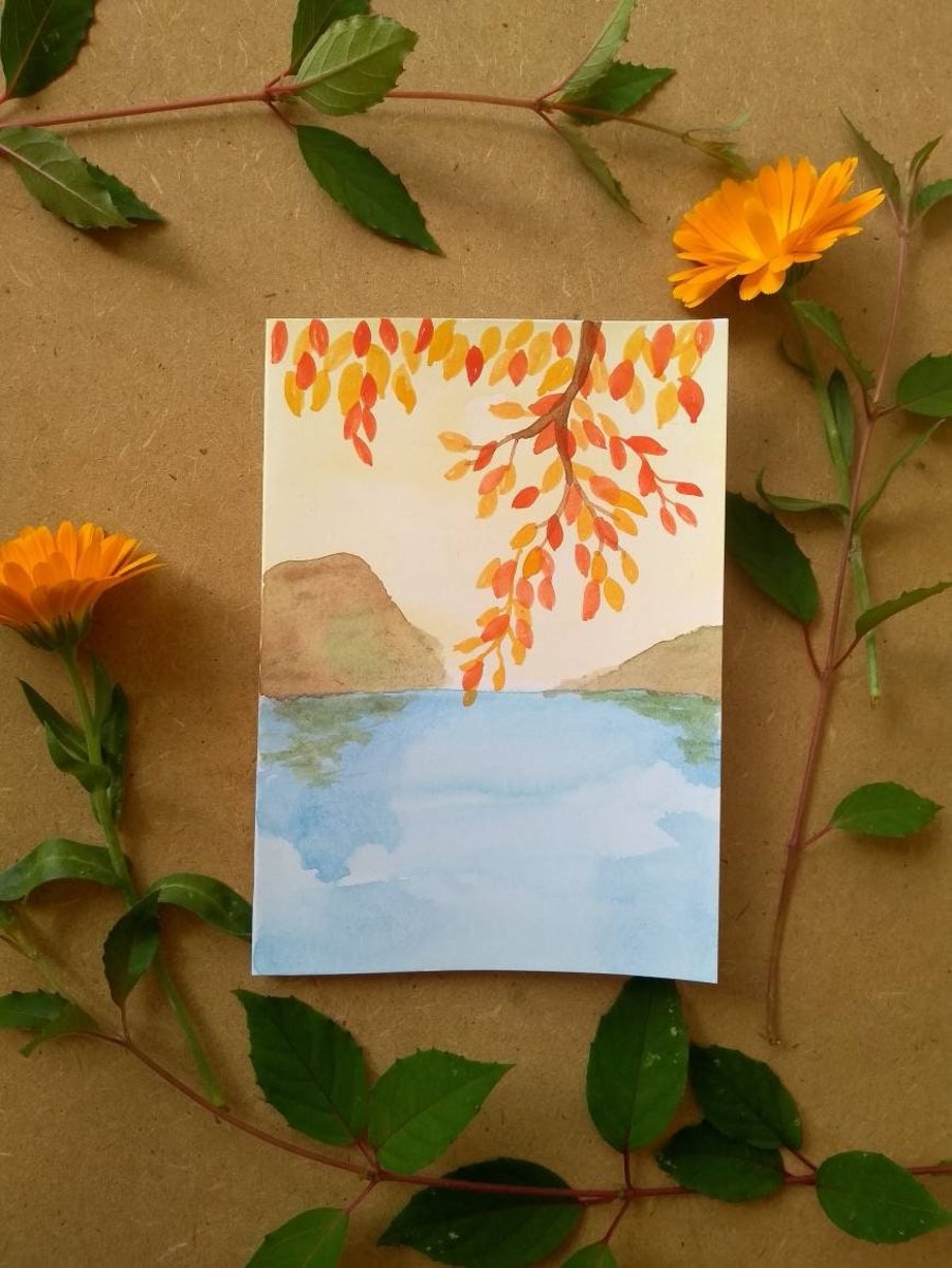 Handmade Original Watercolour Autumn Greetings Card Notecard Blank card