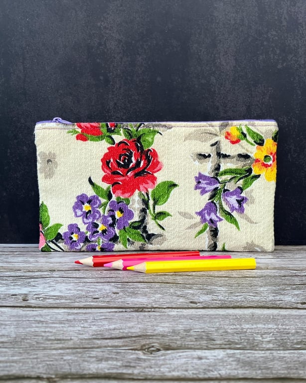 Pencil Case made from Rare 1940s Vintage Barkcloth Fabric, Lilac
