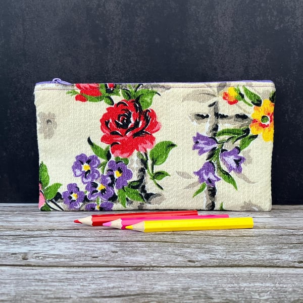 Pencil Case made from Rare 1940s Vintage Barkcloth Fabric, Lilac