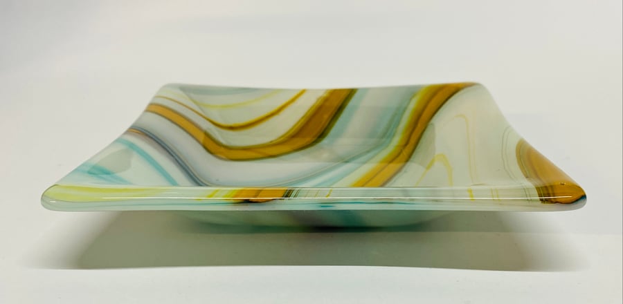 A Beautiful White, blue and amber Fused Glass Decorative Bowl