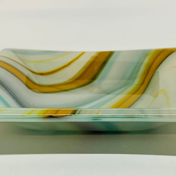 A Beautiful White, blue and amber Fused Glass Decorative Bowl