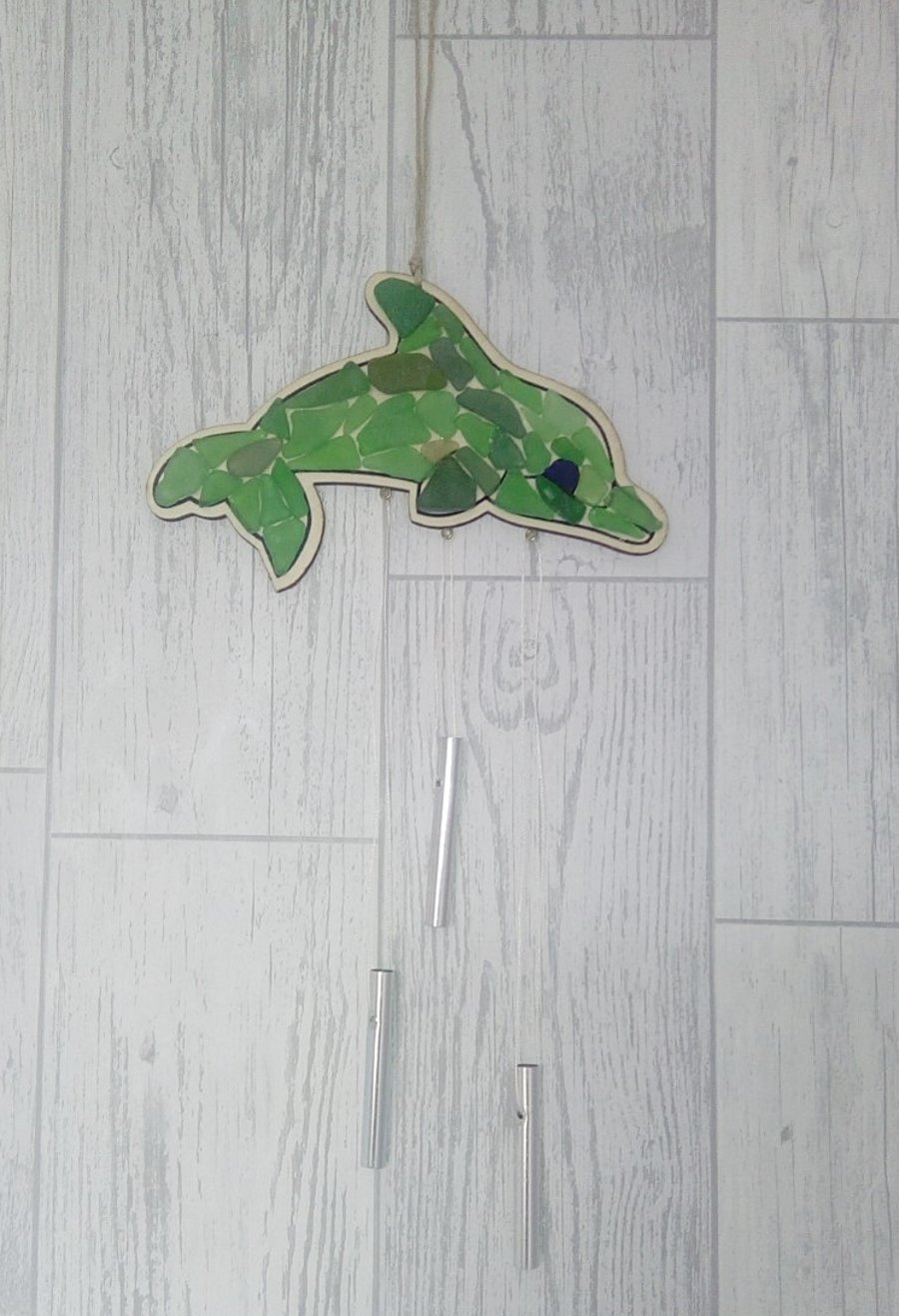 Dolphin sea glass mosaic mobile.