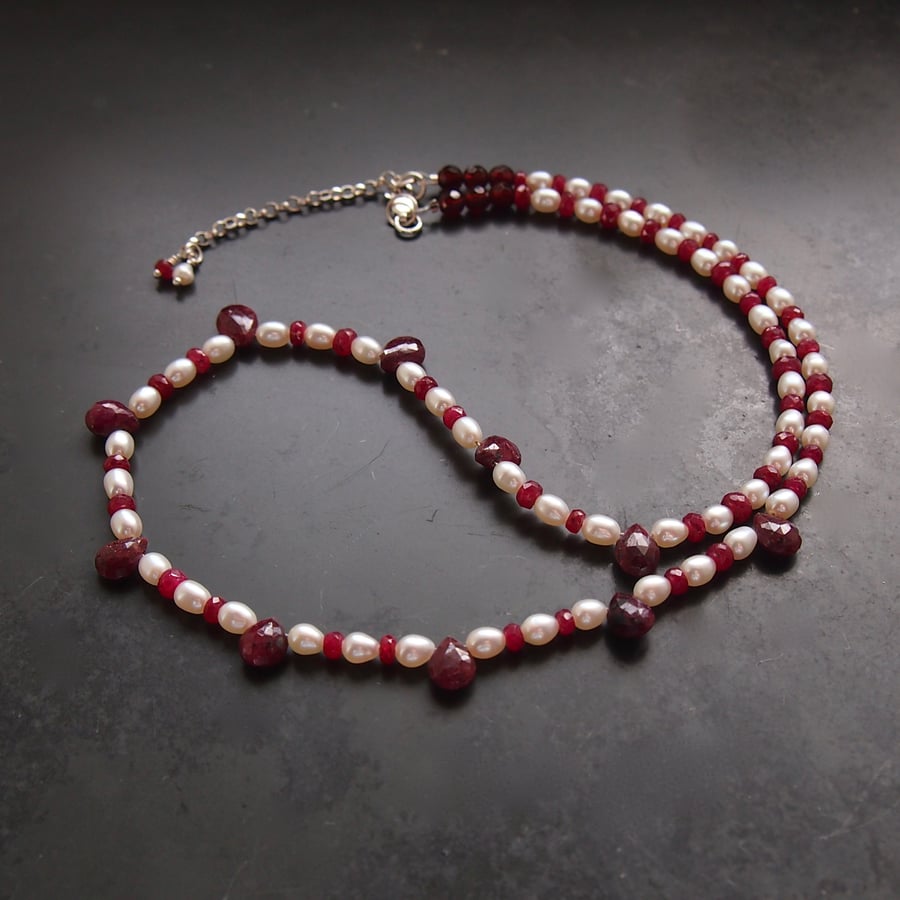 Ruby Drops and Pearl Necklace