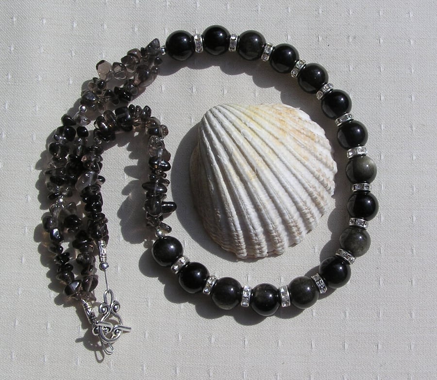 Golden Obsidian & Smoky Quartz Gemstone Statement Necklace "Highland Sheen"