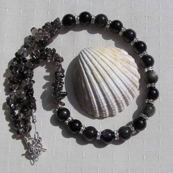 Golden Obsidian & Smoky Quartz Gemstone Statement Necklace "Highland Sheen"