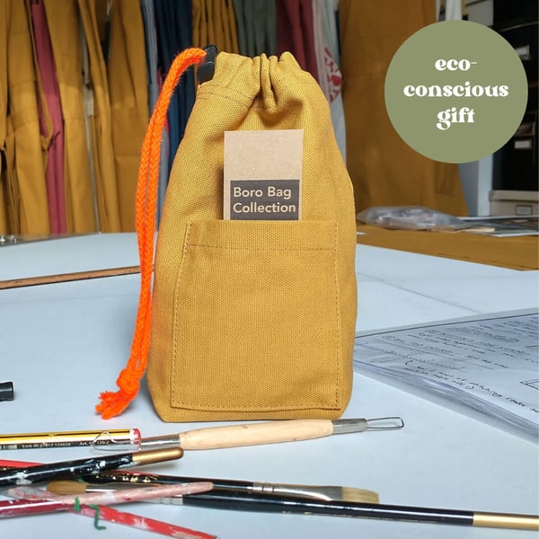 Drawstring Tool Pouch Bag. Upcycled Repurposed Canvas. Ochre 004