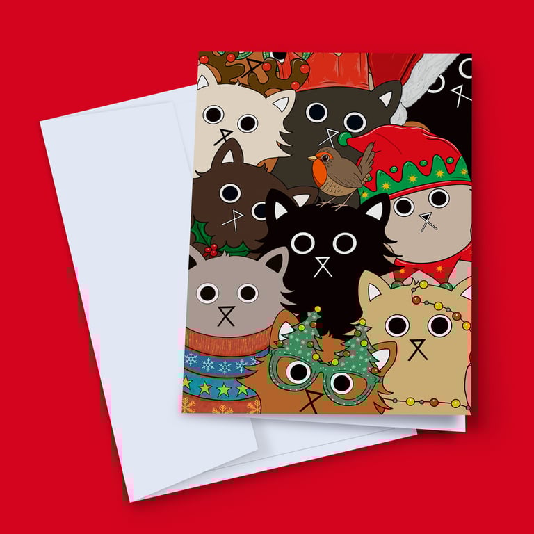 Cat Christmas Card, Cute Holiday Card, Funny Christmas Card, Festive Card, Elf