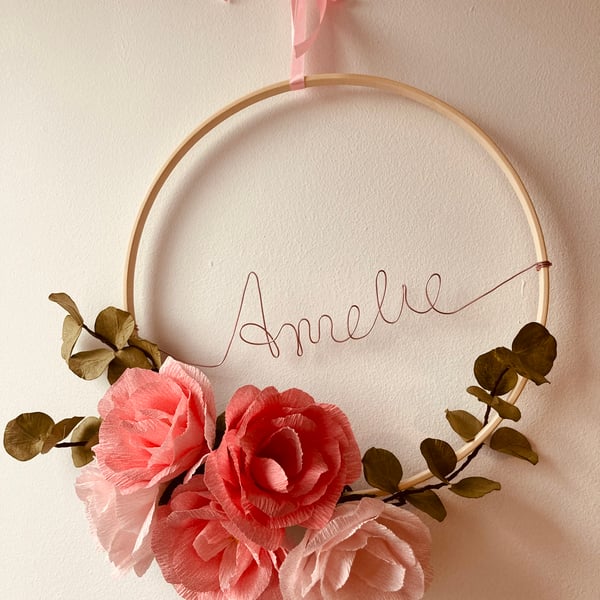 Gorgeous handmade pink paper rose hoop