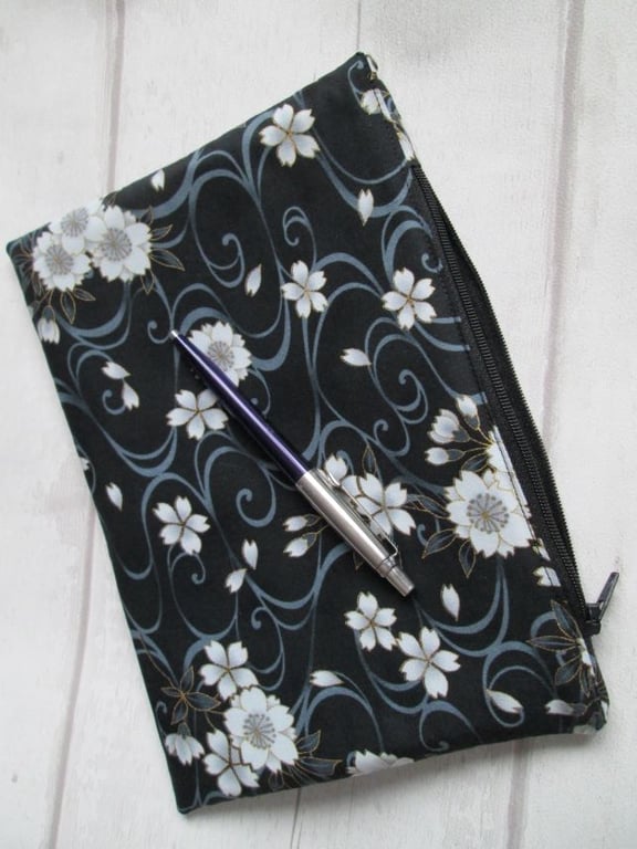 Monochrome Floral Zip Top Storage Bag, Make Up Bag, Pencil Case