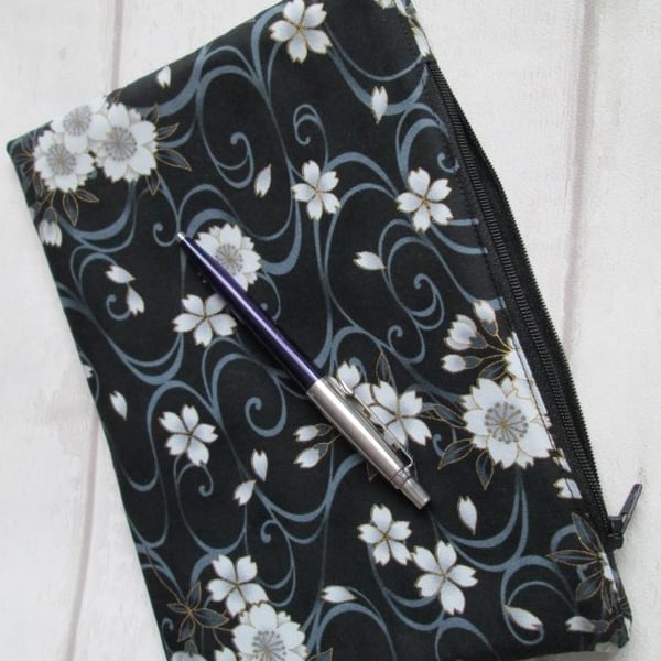 Monochrome Floral Zip Top Storage Bag, Make Up Bag, Pencil Case