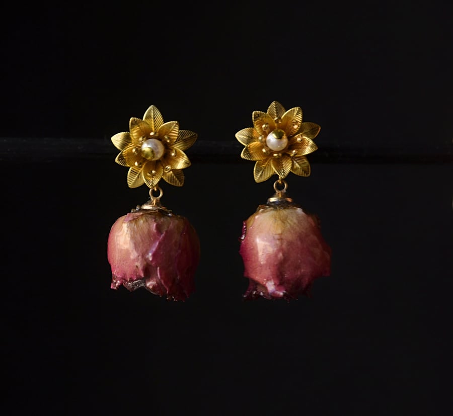 Floral rose earrings, 18k gold plated natural rose earrings