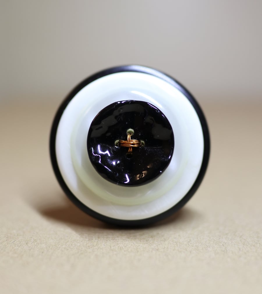 Shiny black and off white Vintage Button Statement Pin -  unique gift 