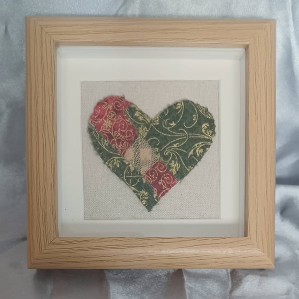 Green and Red Patchwork Heart in Wood Effect Frame