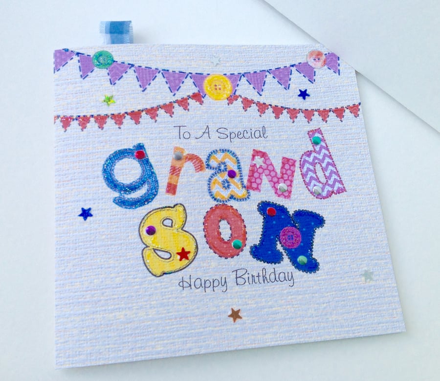 Birthday Card Grandson,Printed Appliqué Design,Personalised,Handmade