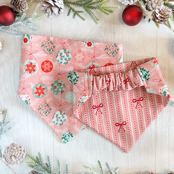 Scrunchie Back Dog Bandana - Fully Reversible Christmas Pink Baubles and Bows