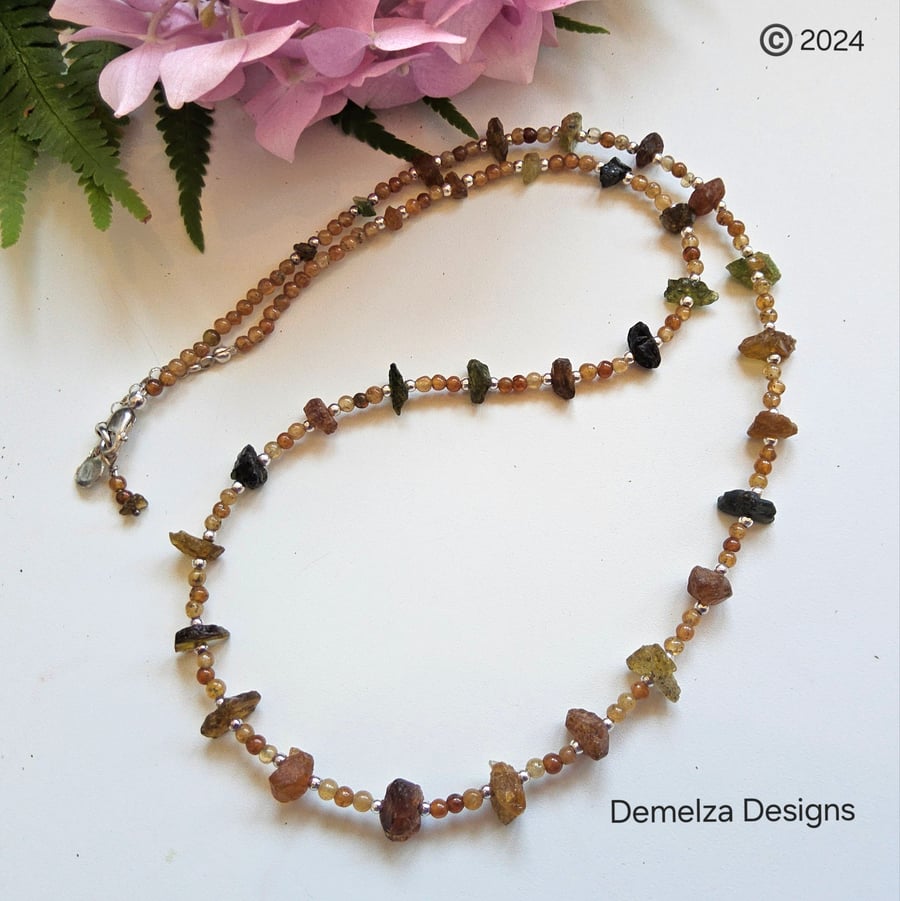 Dainty One Off Petro Tourmaline & Hessanite Garnet Sterling Silver Necklace