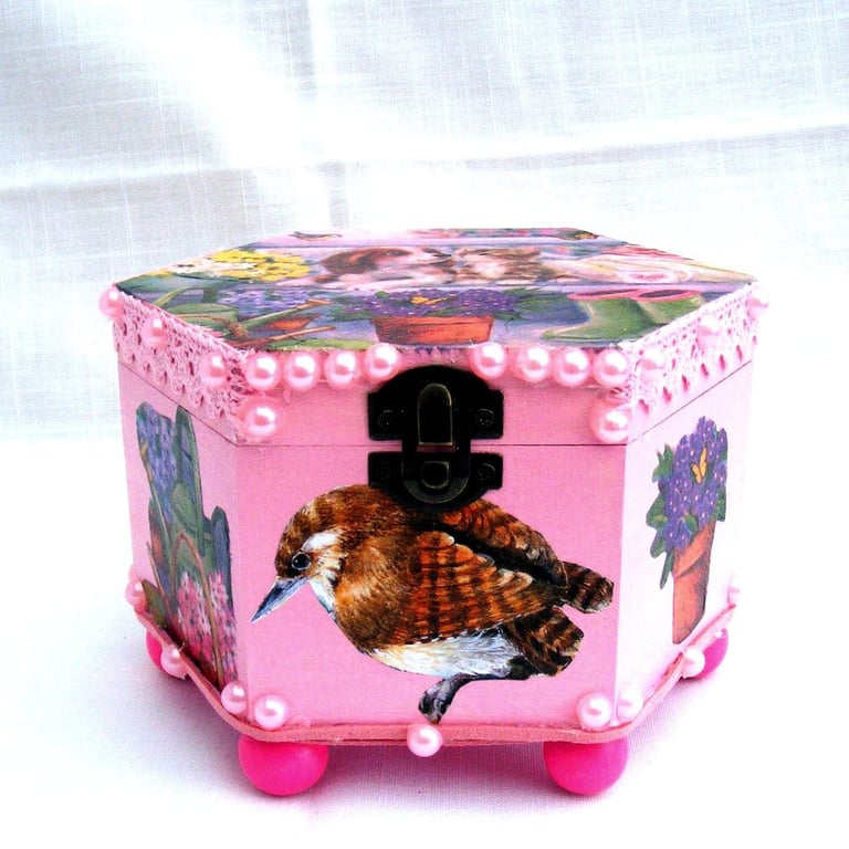 Pink Decoupaged keepsake, memory or jewellery box 