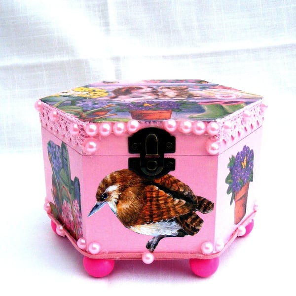 Pink Decoupaged keepsake, memory or jewellery box 