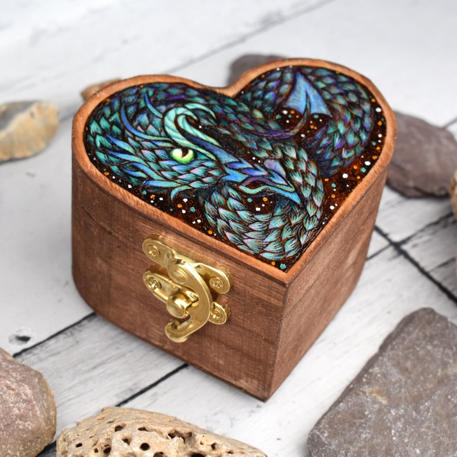 Sea Dragon. Heart shaped, small pyrography box.