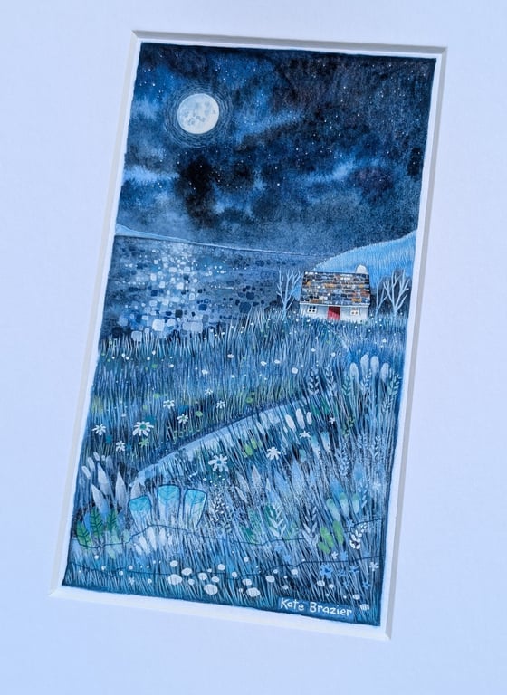 Welcome Home Cottage - Mixed media. Colourful. Unique. Moonlight. Mounted 