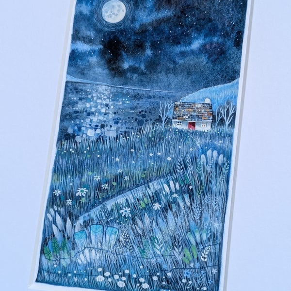 Welcome Home Cottage - Mixed media. Colourful. Unique. Moonlight. Mounted 