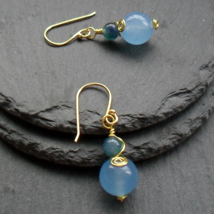 Blue and Green Dyed Quartz Gold Plated Earrings