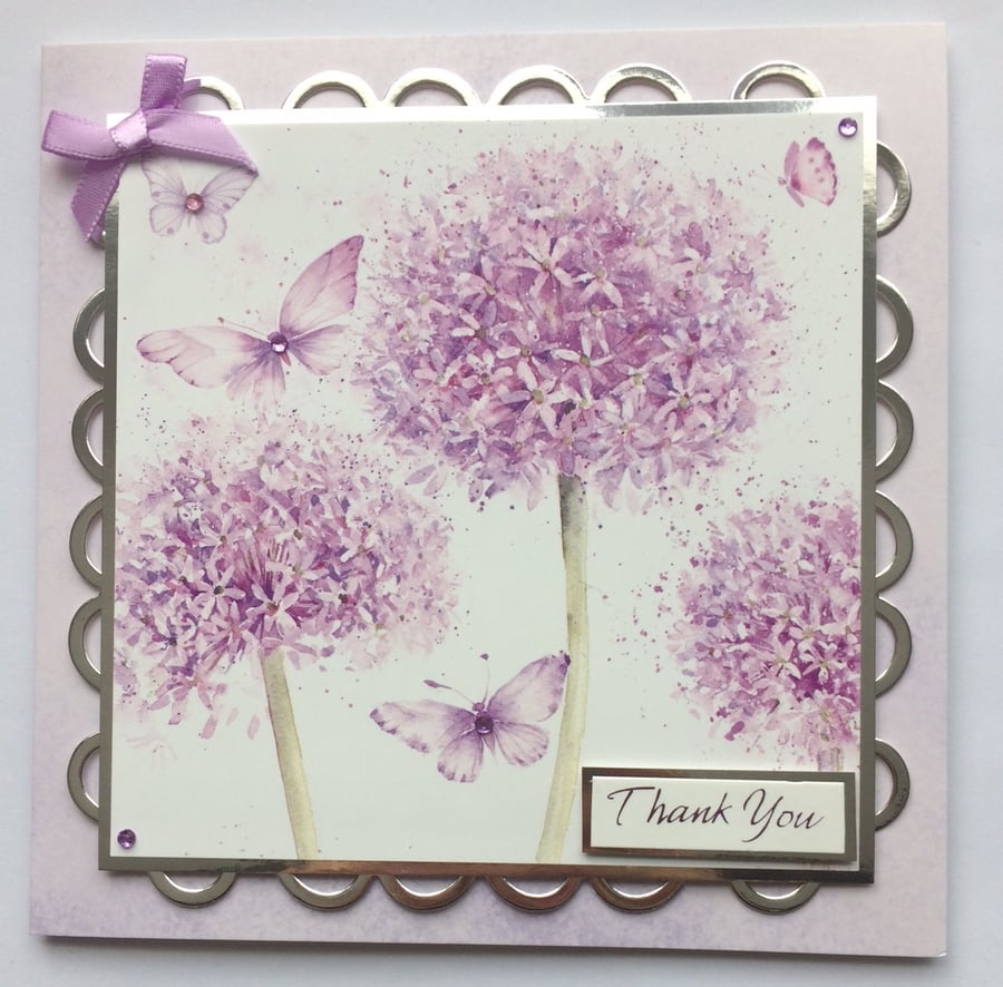 Thank You Handmade Card Purple Hydrangeas Flowers with Butterflies