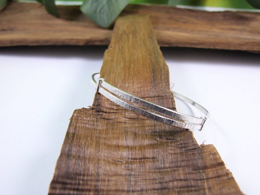 Sterling Silver Adjustable Fit Bangle. Textured Bracelet.