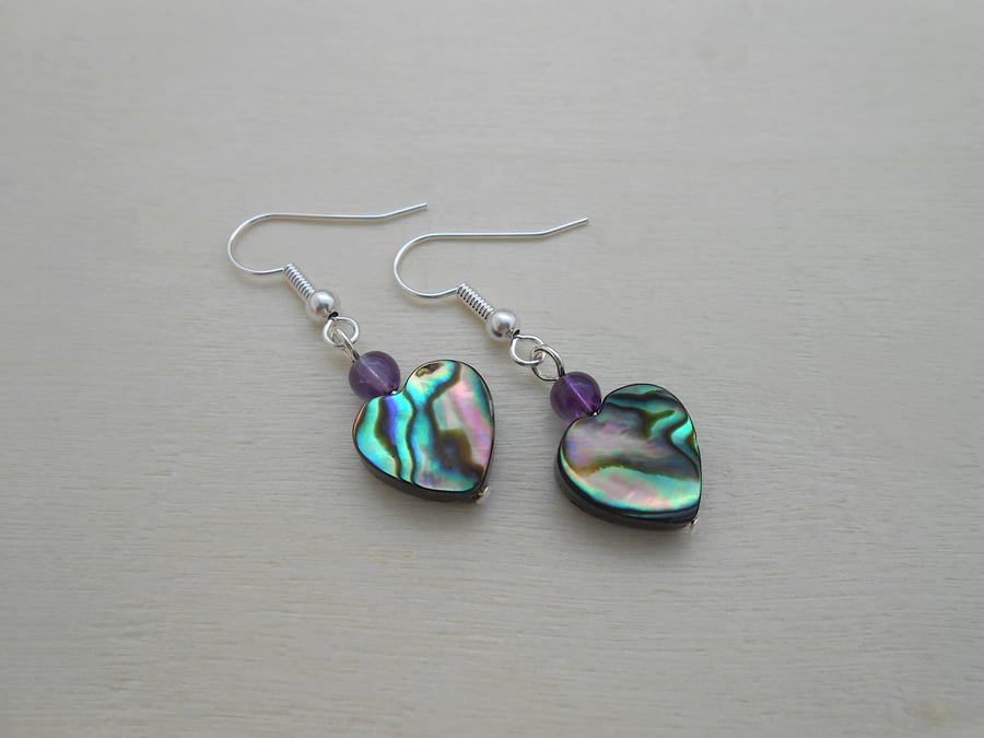 Abalone heart & African amethyst drop earrings in silver plate.
