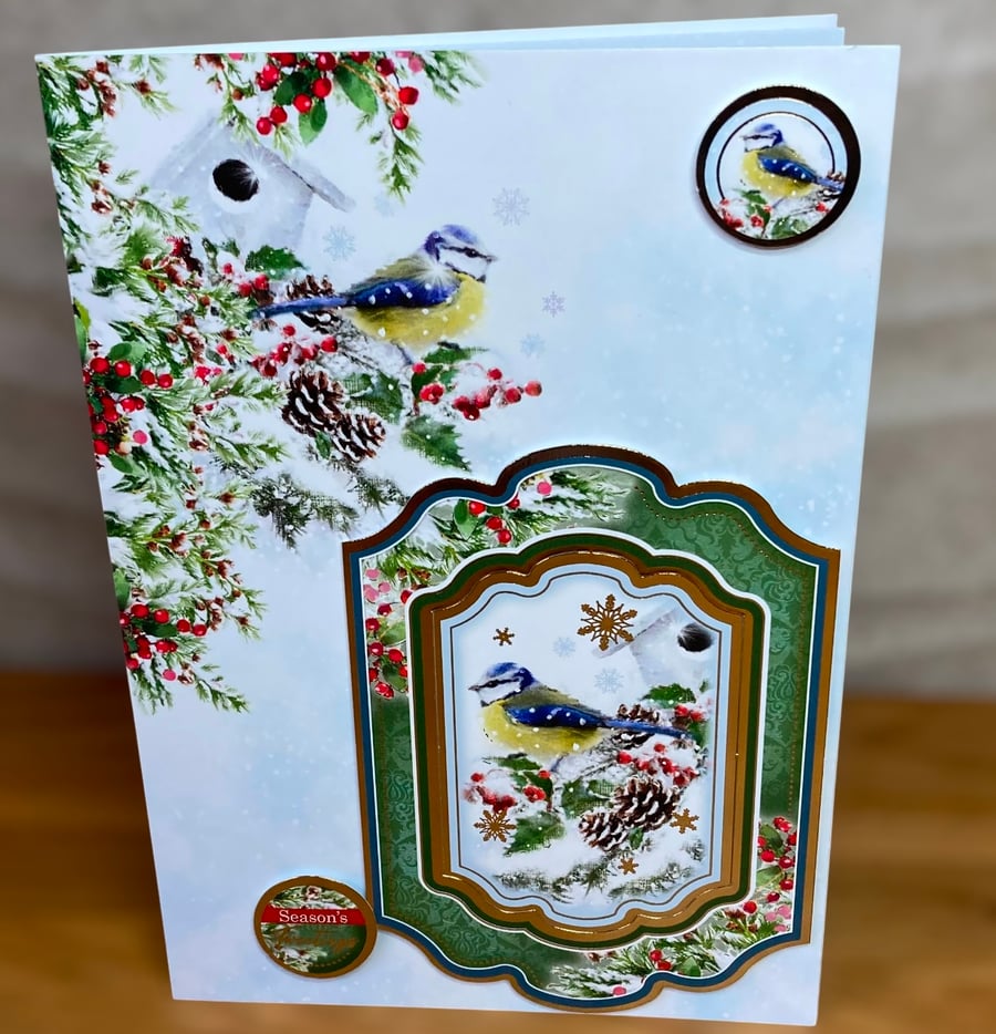 Christmas Card. Luxury Blue Tit Christmas Card. Festive Forest.