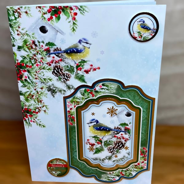 Christmas Card. Luxury Blue Tit Christmas Card. Festive Forest.