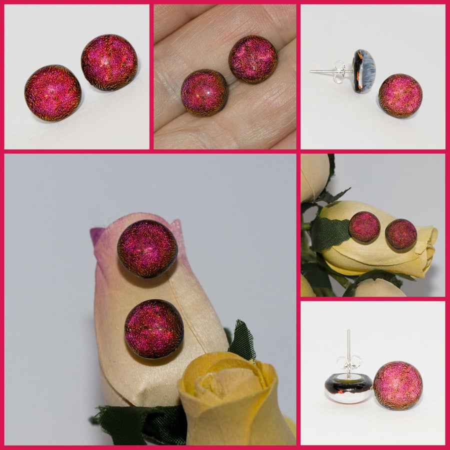 Red and Orange Dichroic Glass Earrings on Sterling Silver Studs - 2104