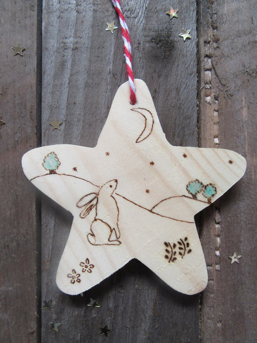 Star gazing hare wooden Christmas tree decoration