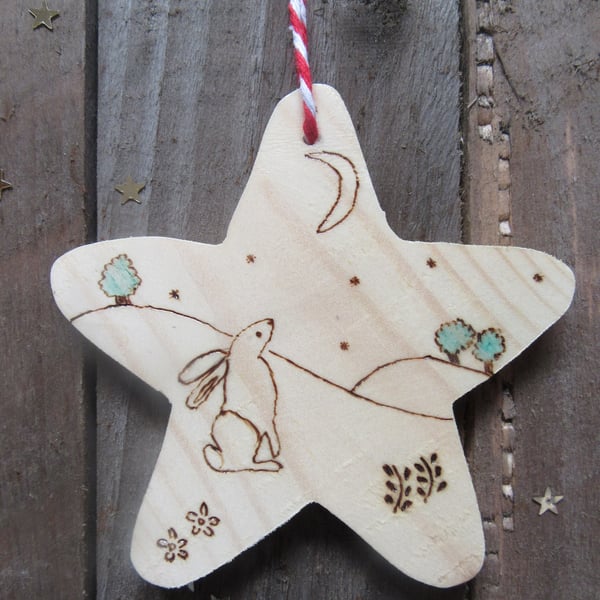 Star gazing hare wooden Christmas tree decoration