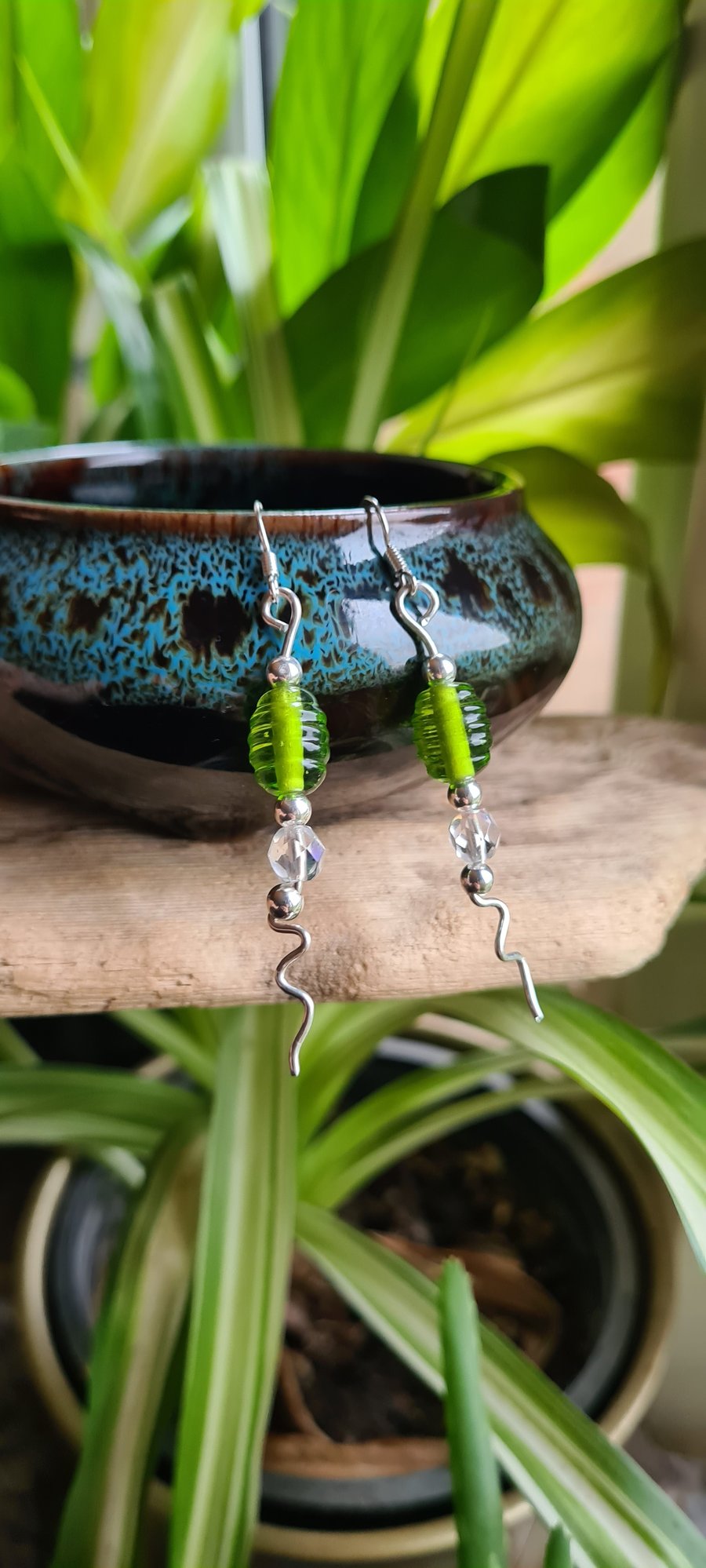 Handmade 925 Silver & Lime Green Glass Dangle Drop Earrings Gift Boxed