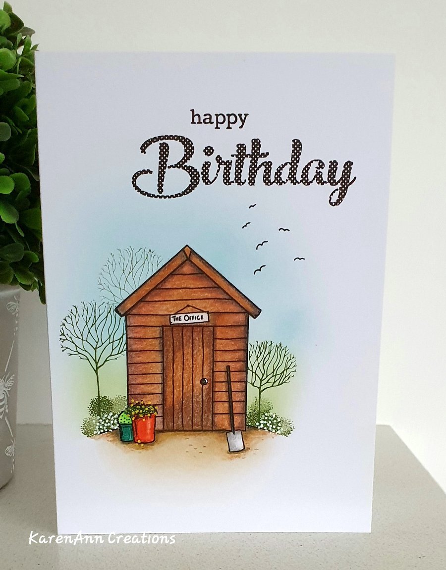 Male birthday card the garden shed can be personalised 