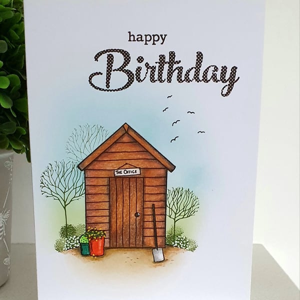 Male birthday card the garden shed can be personalised 