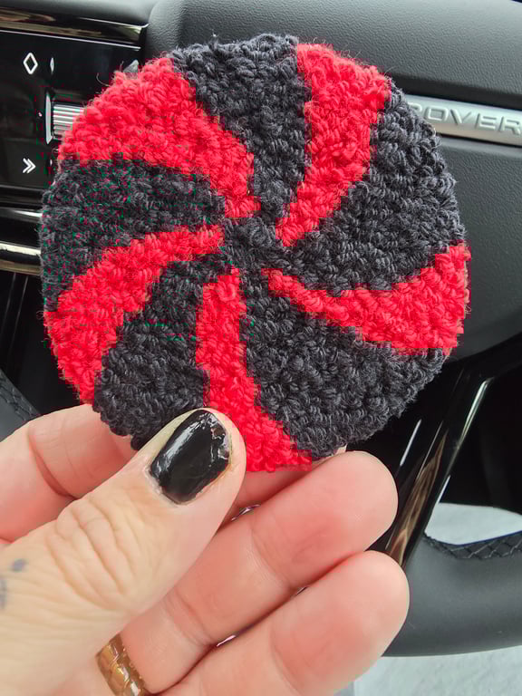 Red and Black Christmas candy cane punch needle car coaster